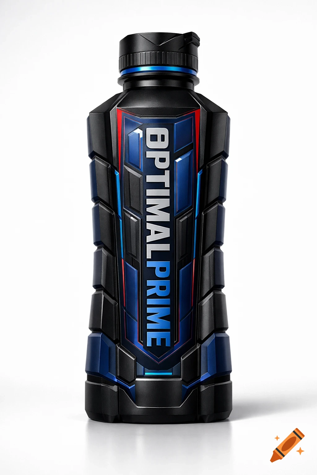 A realistic product render of a matte black and deep navy hydration bottle with "OPTIMAL PRIME" label and futuristic angular design with blue and red accents.