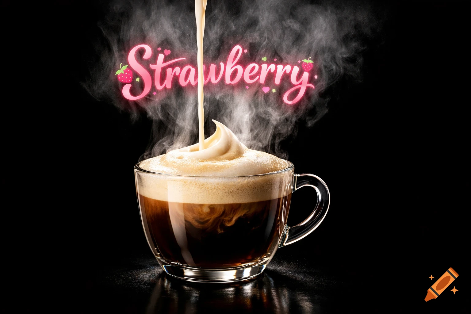 Photorealistic image of a clear glass coffee cup with frothy cappuccino, cream pouring in, and 'Strawberry' in pink neon text above.