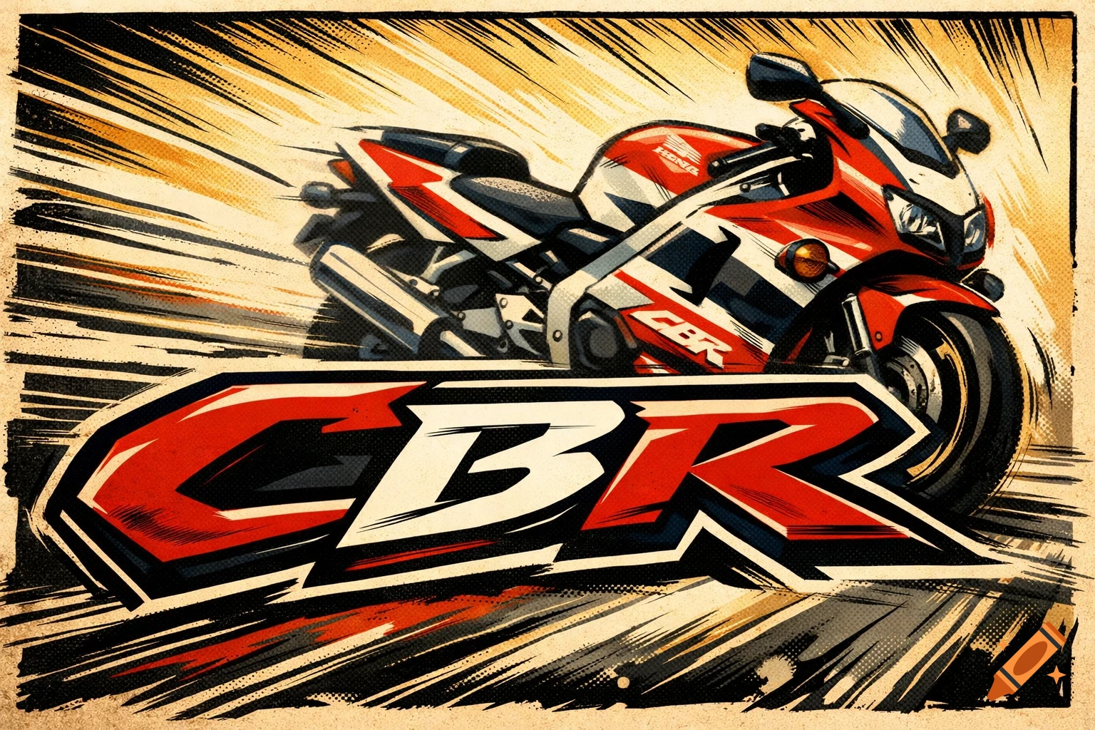A dynamic comic style illustration of a red and white Honda CBR motorcycle with a large CBR logo in the foreground.