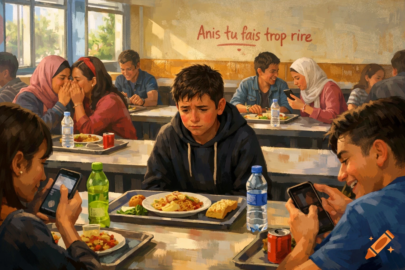 A sad boy, Anis, sits alone in a semi-realistic school cafeteria. Others whisper and laugh; text on the wall reads 'Anis tu fais trop rire'.