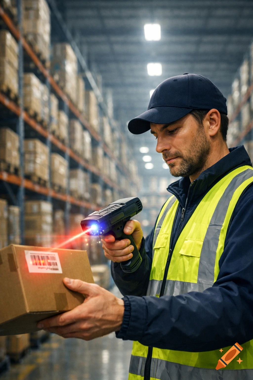 A man in a navy cap and high-visibility vest scans a brown cardboard box with a barcode scanner in a large warehouse. Photorealistic.