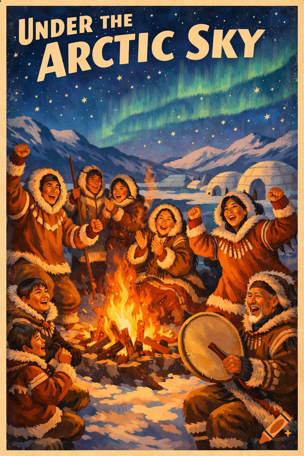 Vintage poster art of Inuit people celebrating around a campfire in a snowy arctic landscape under the aurora borealis, with igloos in the background.