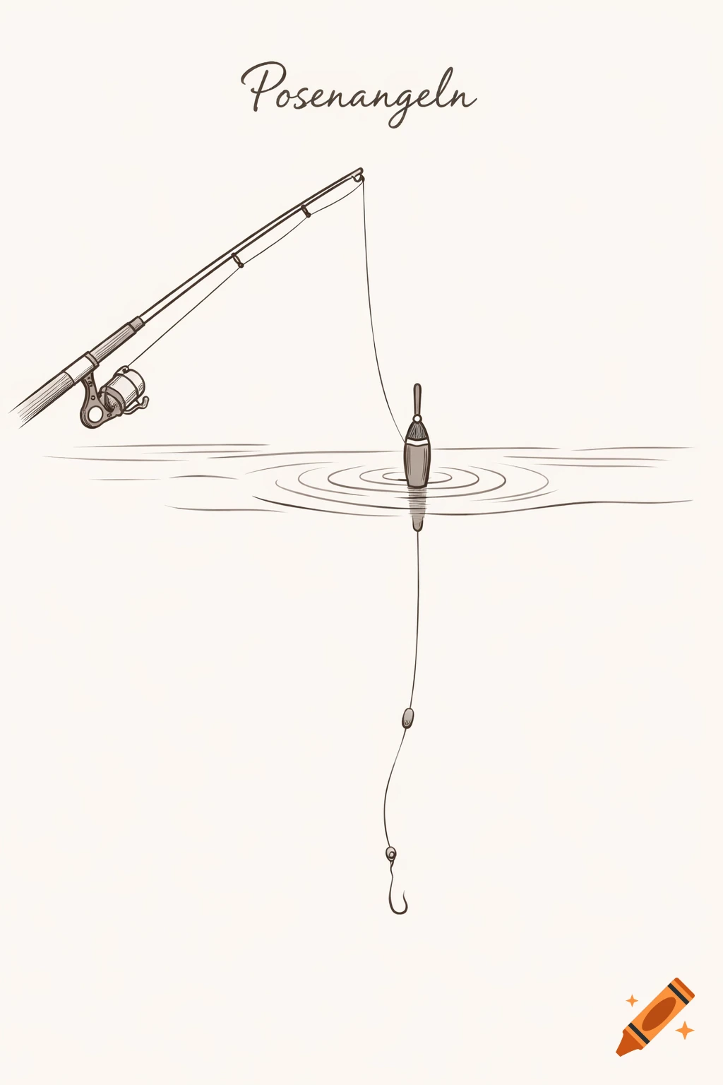 A schematic line drawing of float fishing with a rod, float in water, and hook.