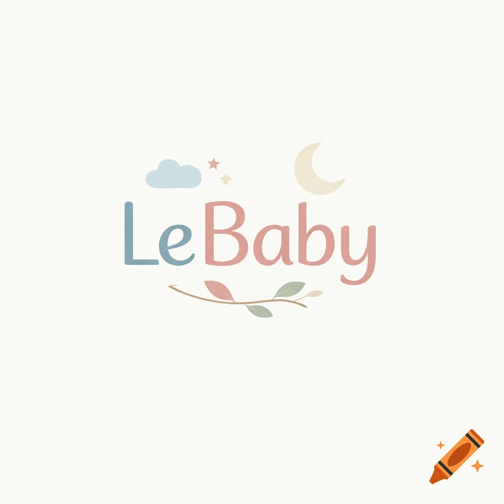 LeBaby logo with pastel text, a cloud, stars, moon, and a small leafy branch on a light background.