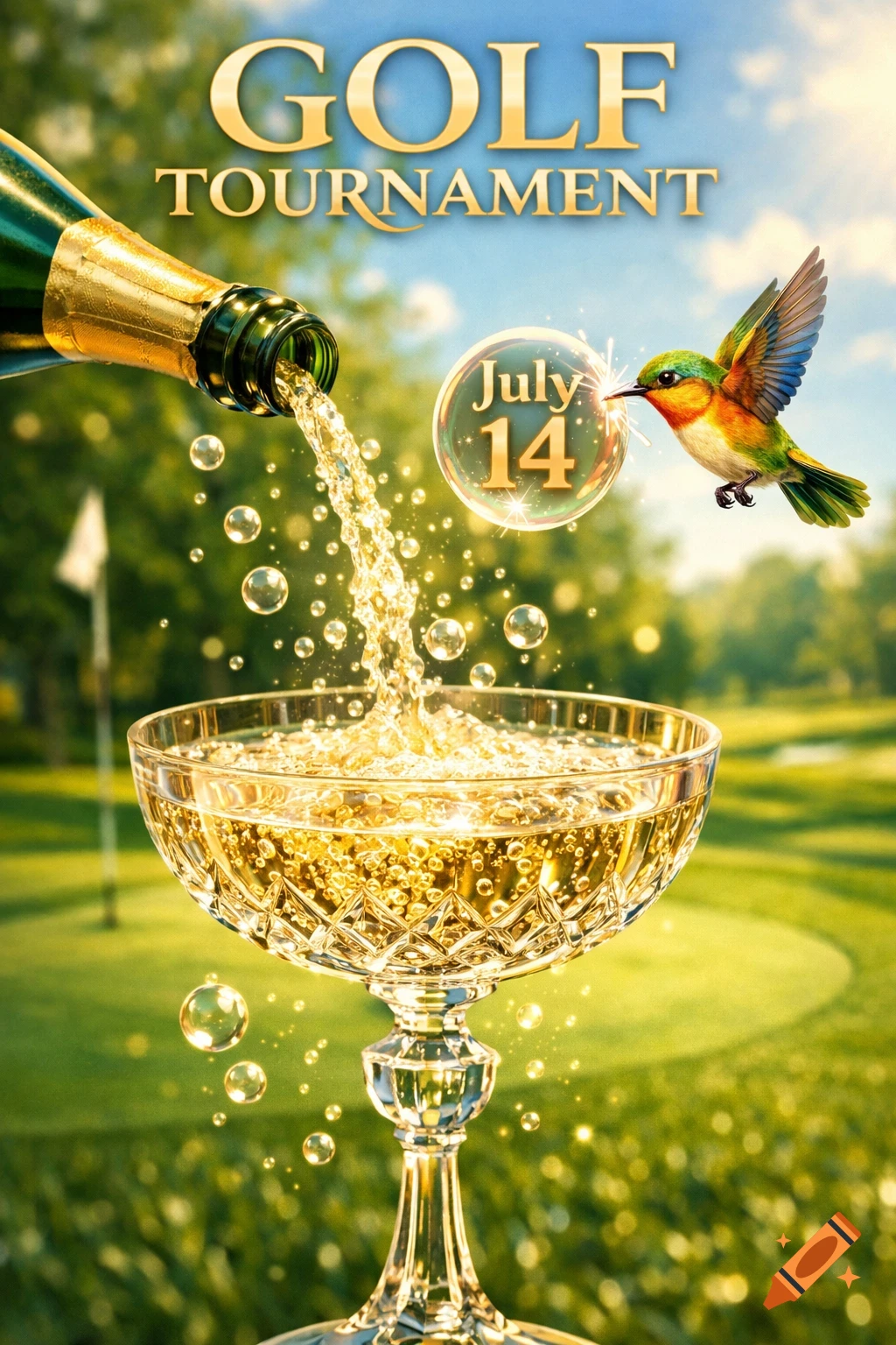 A vibrant poster for a golf tournament shows champagne pouring into a crystal glass, a hummingbird near a 'July 14' bubble, on a golf course.