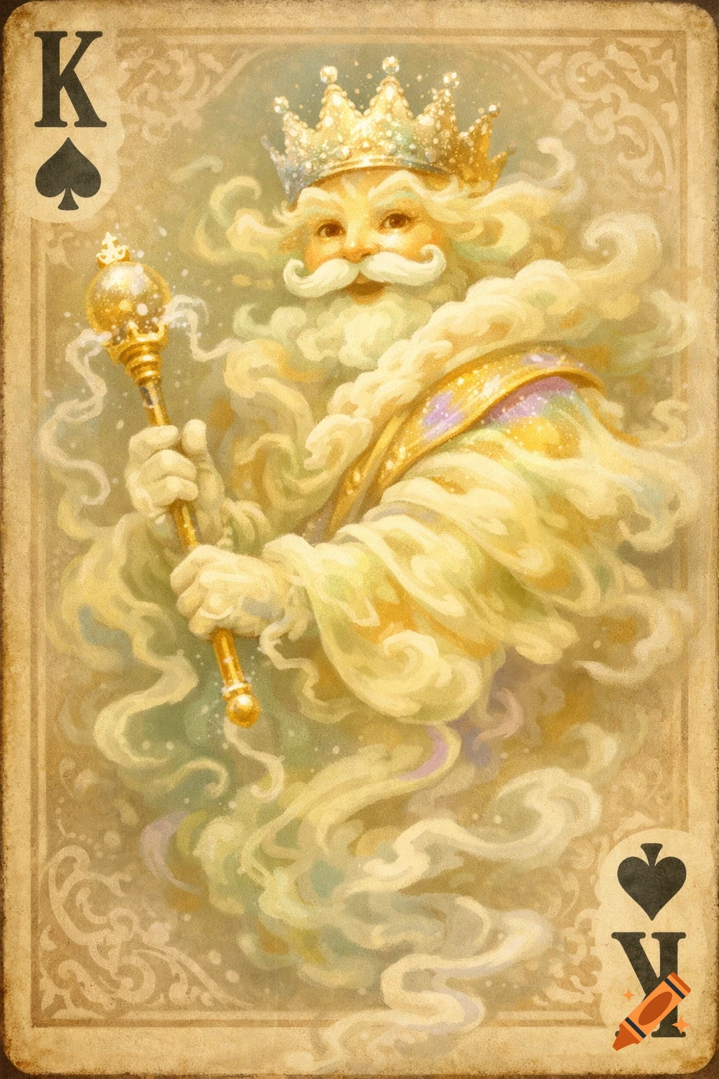 A vintage-style playing card featuring a whimsical King of Spades with a golden crown and scepter, surrounded by flowing, cloud-like white hair and robes.