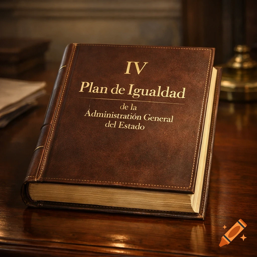 A brown leather-bound book titled "IV Plan de Igualdad de la Administración General del Estado" rests on a polished wooden desk, with a soft, warm light illuminating it.