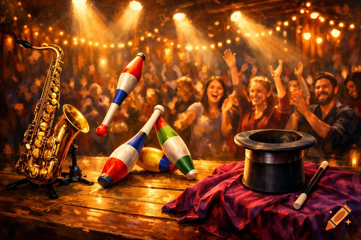 A painterly scene of a stage with a saxophone, juggling clubs, a magic hat, and a cheering audience under warm lights.