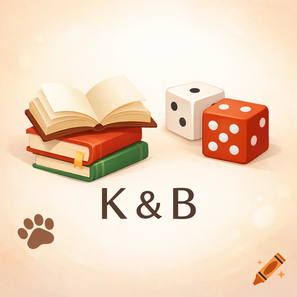 An open book on a stack of books, next to a white and a red dice, with a paw print and text "K & B" on a light background.