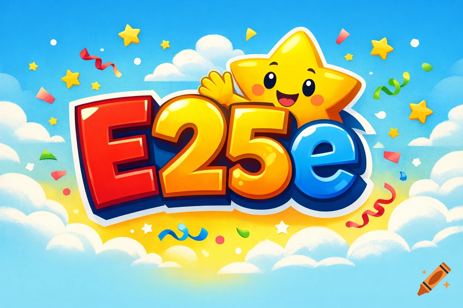 A cheerful cartoon star waves beside colorful 'E25e' text, surrounded by confetti and ribbons against a bright blue sky.