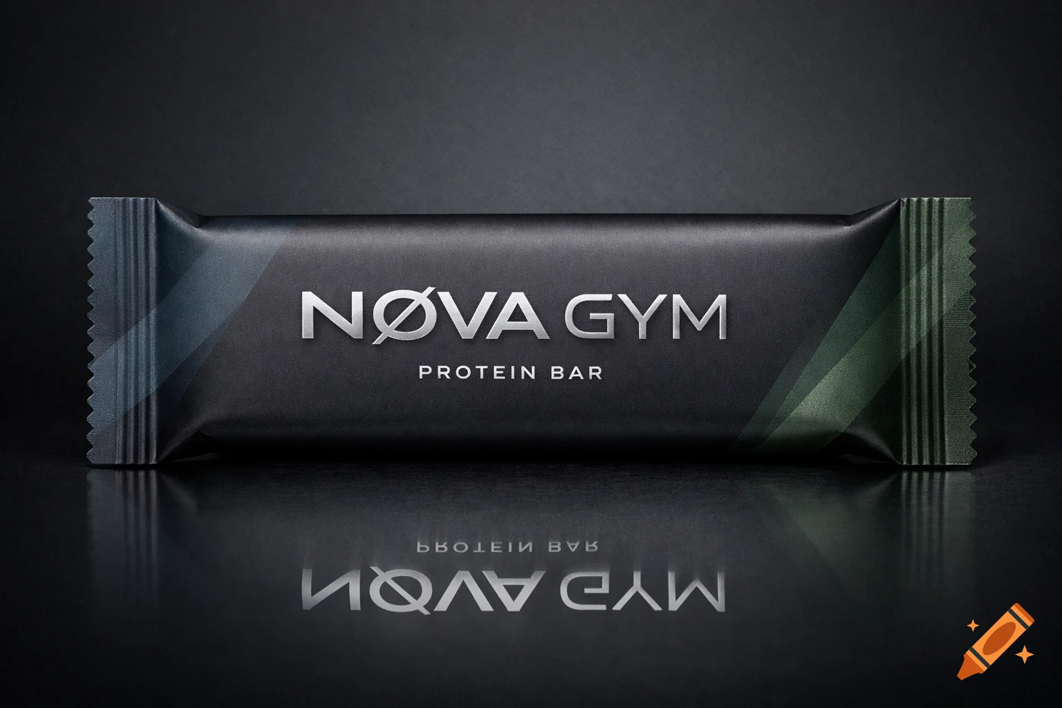 A dark protein bar packaging with silver text 'N HVAM GYM PROTEIN BAR' and blue/green accents, reflecting on a dark surface.