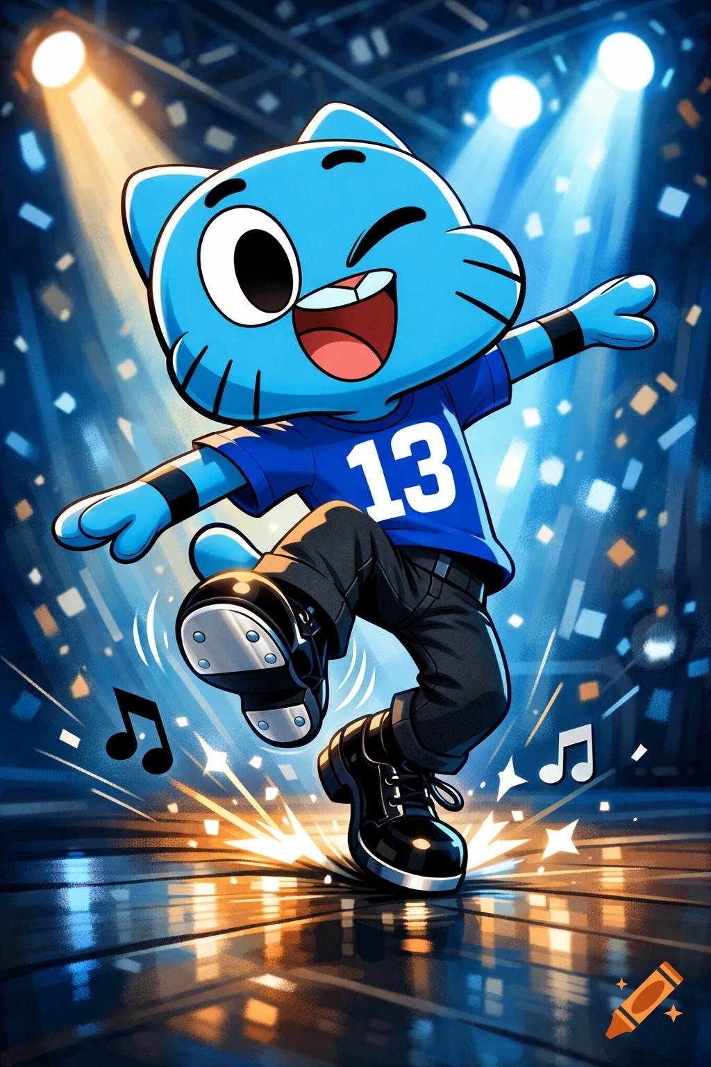 Gumball Watterson tap dancing on a stage under spotlights, wearing a blue shirt with '13', black jeans, and tap shoes.
