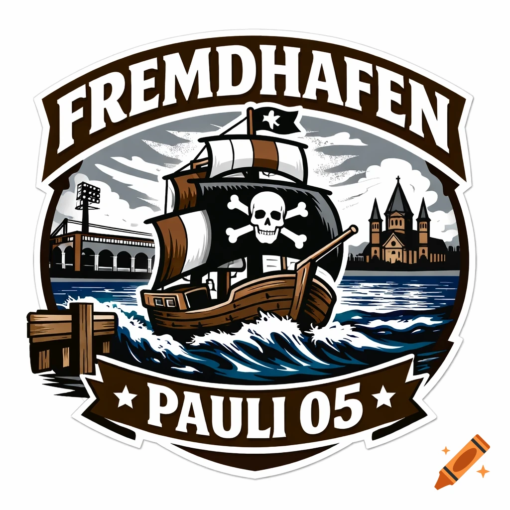 A fan club logo featuring a pirate ship with a skull flag, a stadium, and a church, with 'FREMDHAFEN PAULI 05' text.