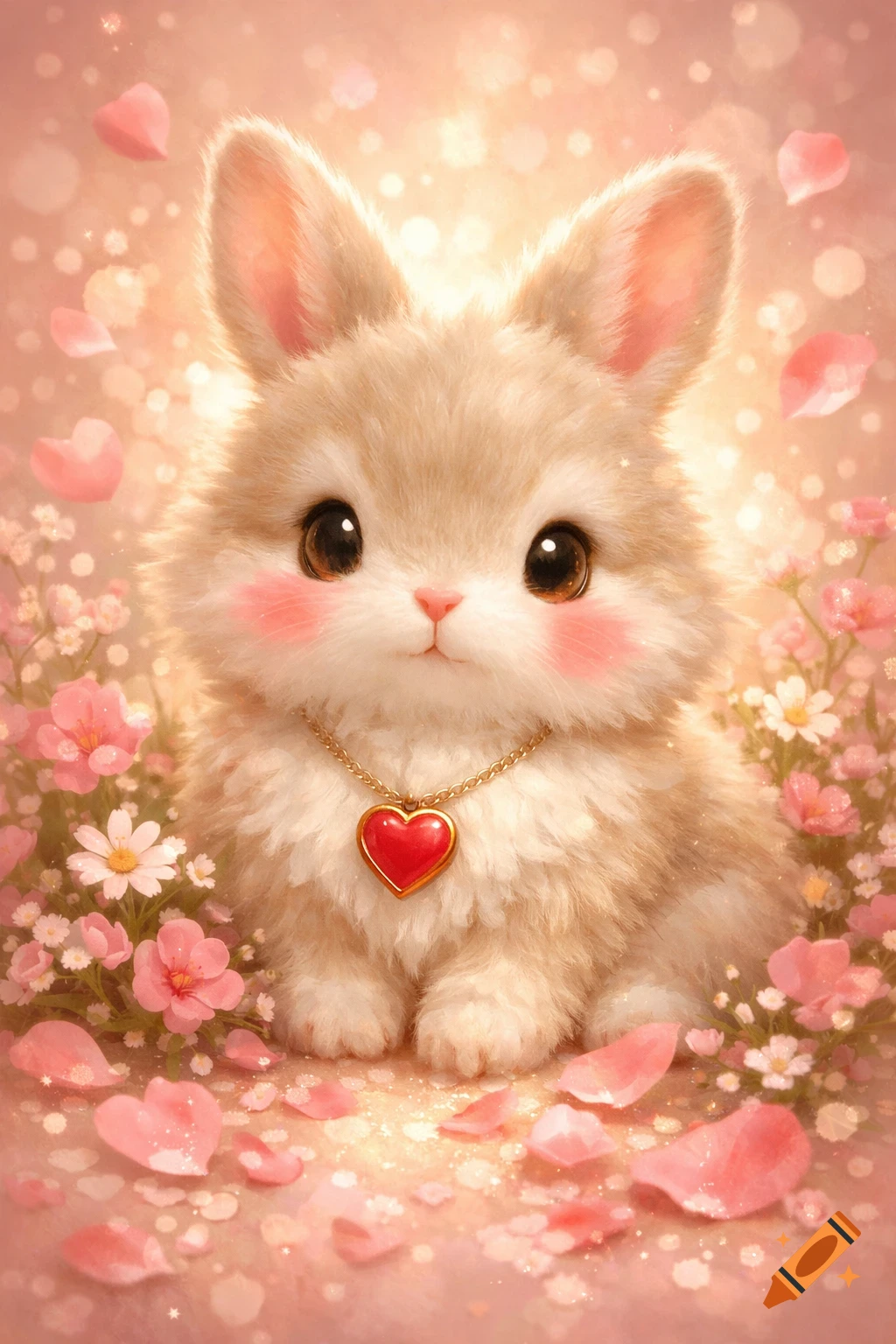A fluffy, cute bunny with big eyes, pink cheeks, and a heart necklace sits among pink flowers and petals in a whimsical illustration.