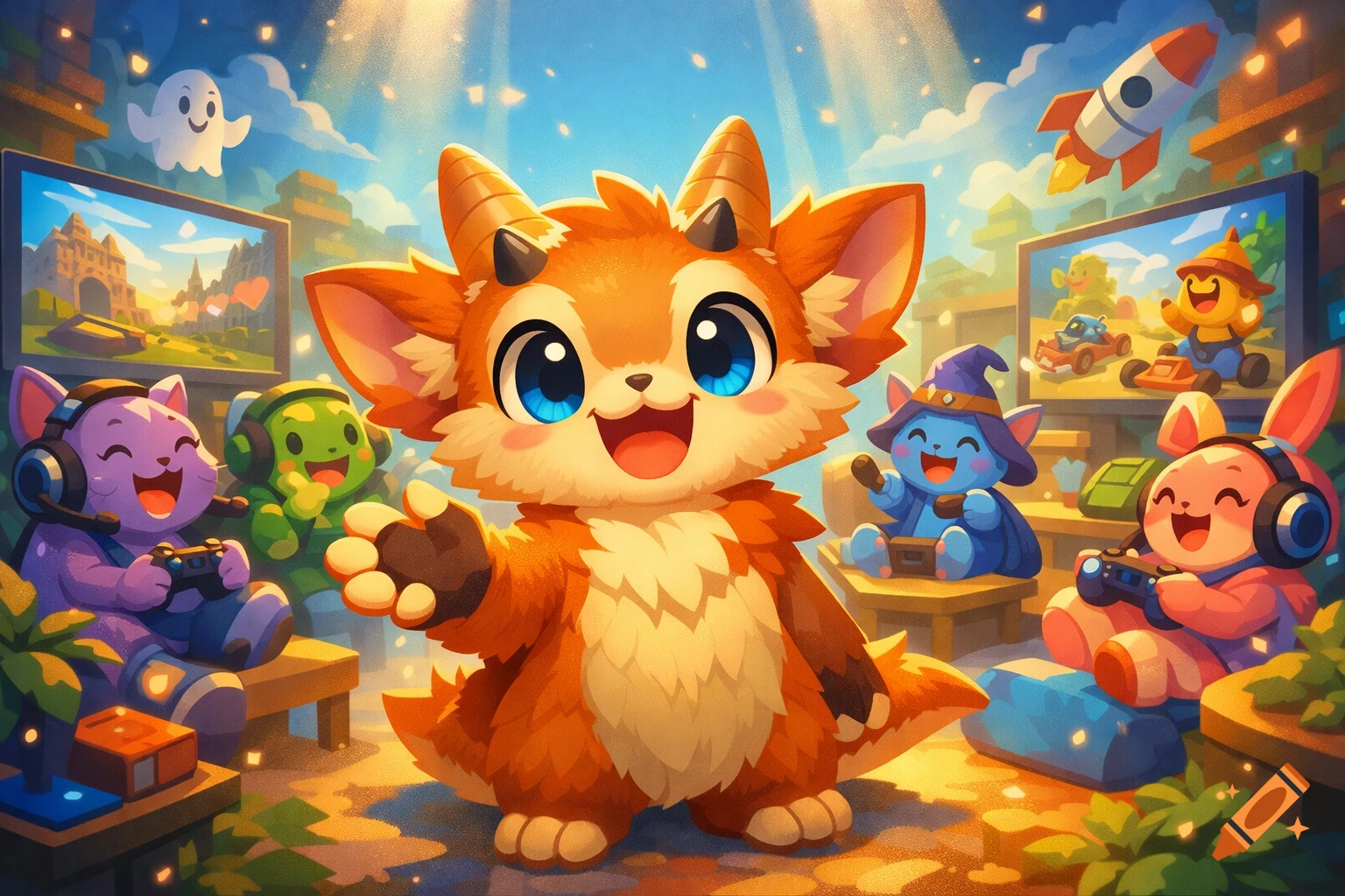 A large, happy orange horned creature welcomes, while colorful cartoon creatures play video games in a vibrant room.
