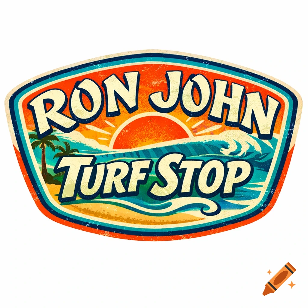 A colorful retro-style logo for "RON JOHN TURF STOP" featuring a sun, ocean waves, and a palm tree.