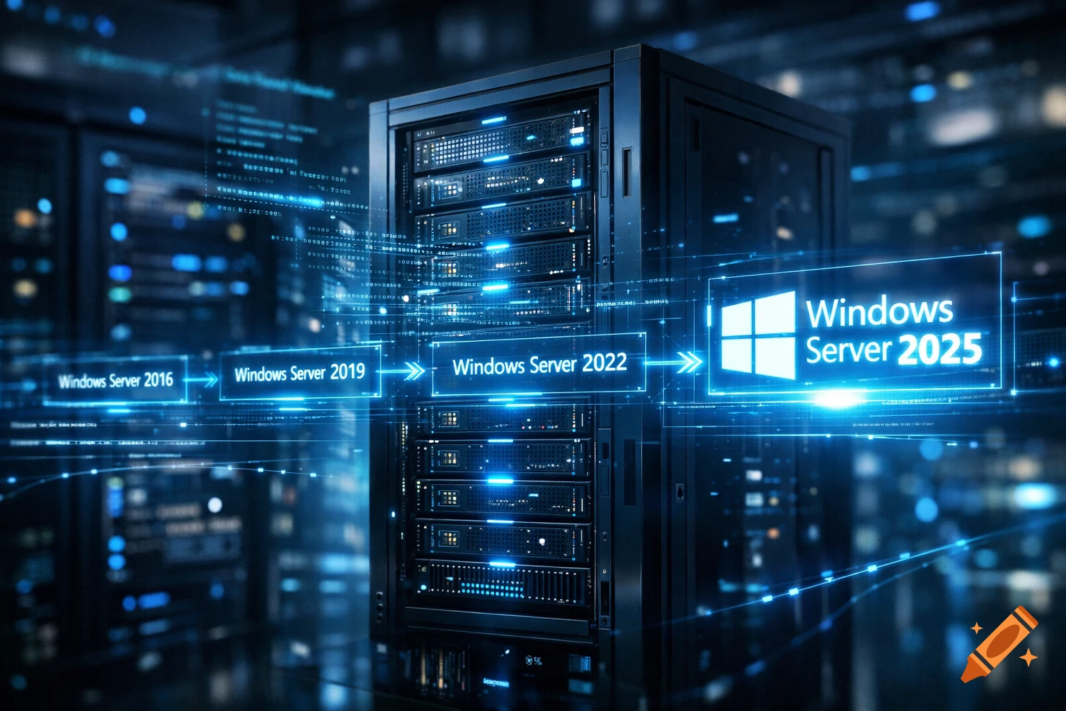 A dark, futuristic data center with server racks and glowing blue lines showing Windows Server migration from 2016 to 2025.