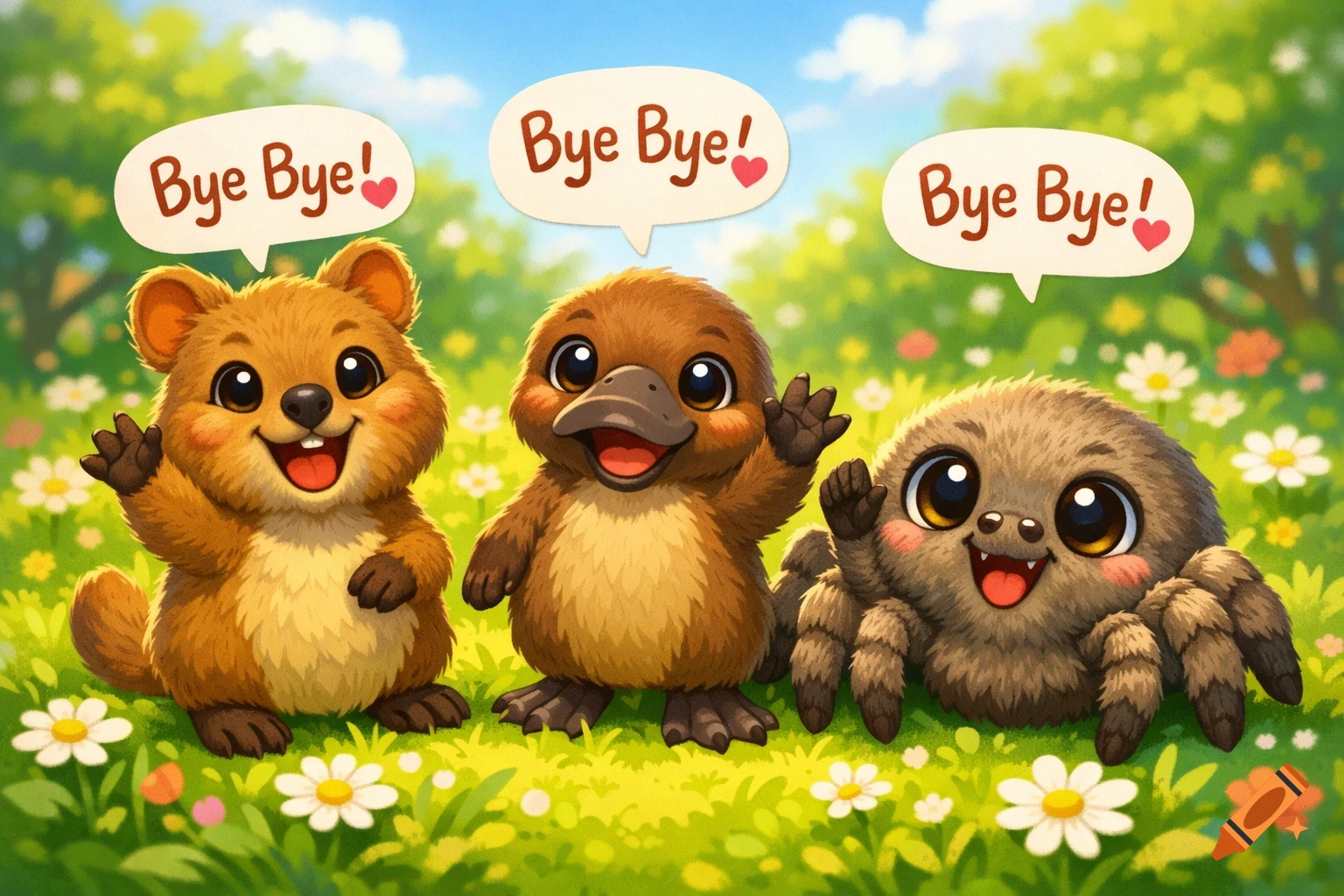 Three cartoon animals A quokka, a platypus, and a spider A sunny, flowery meadow