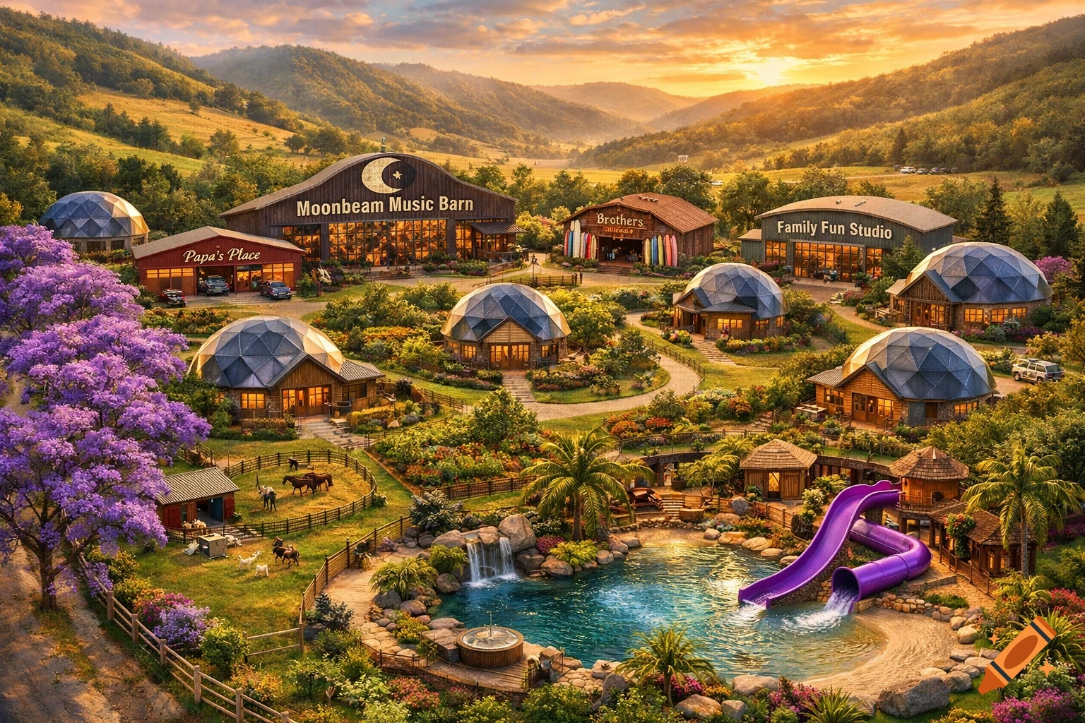 A vibrant, panoramic view of a lush family ranch with rolling hills at sunset. Several geodesic dome houses, barns, a natural pool with a purple waterslide, and fenced pastures with animals are nestled among purple flowering trees and tropical foliage.