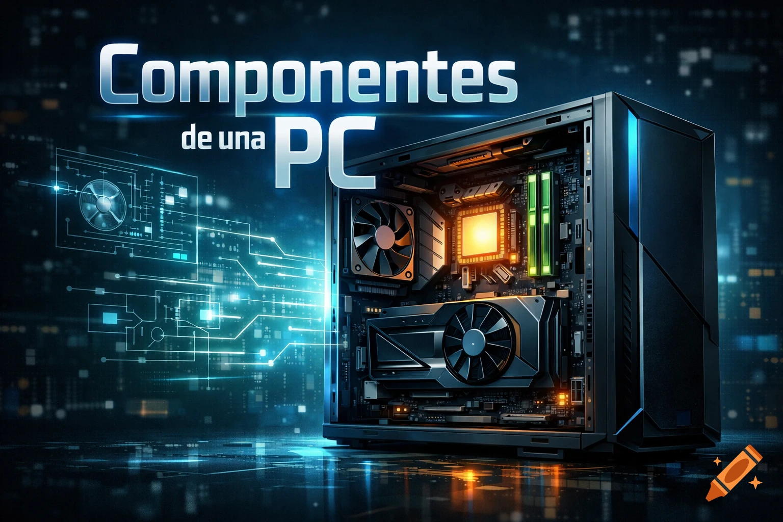 A close-up of the internal components of a desktop PC with glowing elements, set against a dark, circuit-like background with the title 'Componentes de una PC'.