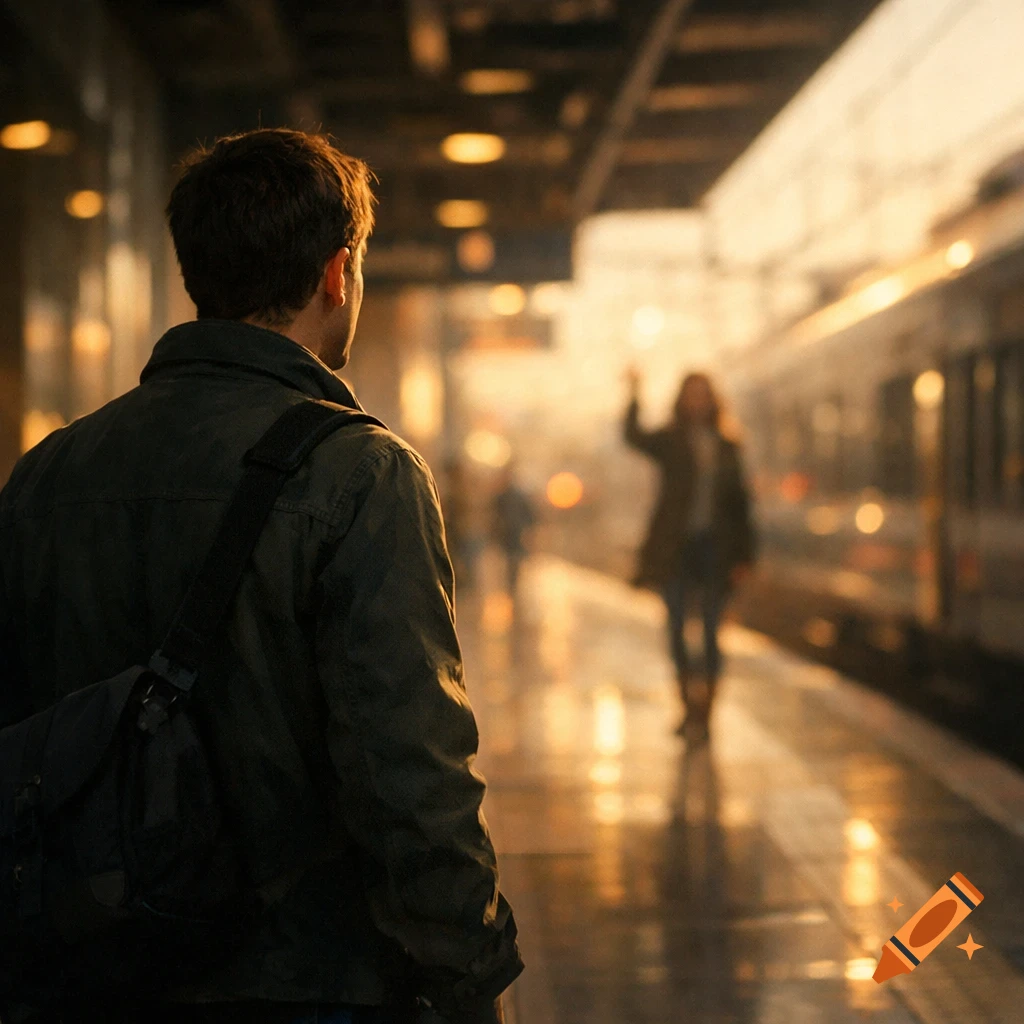 Man with a bag at a train station platform looking at a waving figure near a train, bathed in golden light.
