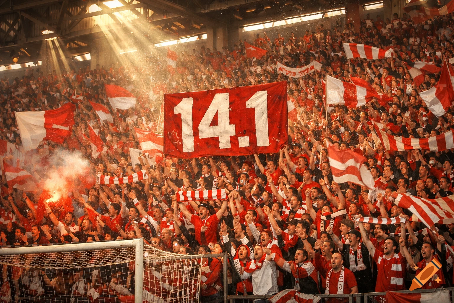 Enthusiastic soccer fans in red and white cheer in a stadium, holding flags and a '14.1' banner amidst smoke and flares.