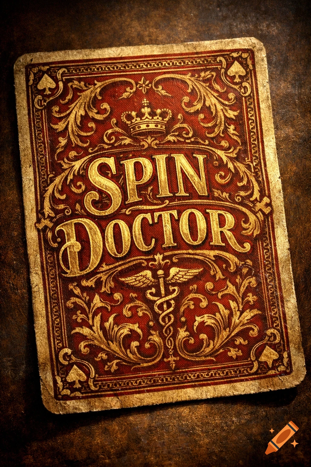 An ornate, vintage-style playing card with "SPIN DOCTOR" in golden letters, featuring a caduceus symbol.