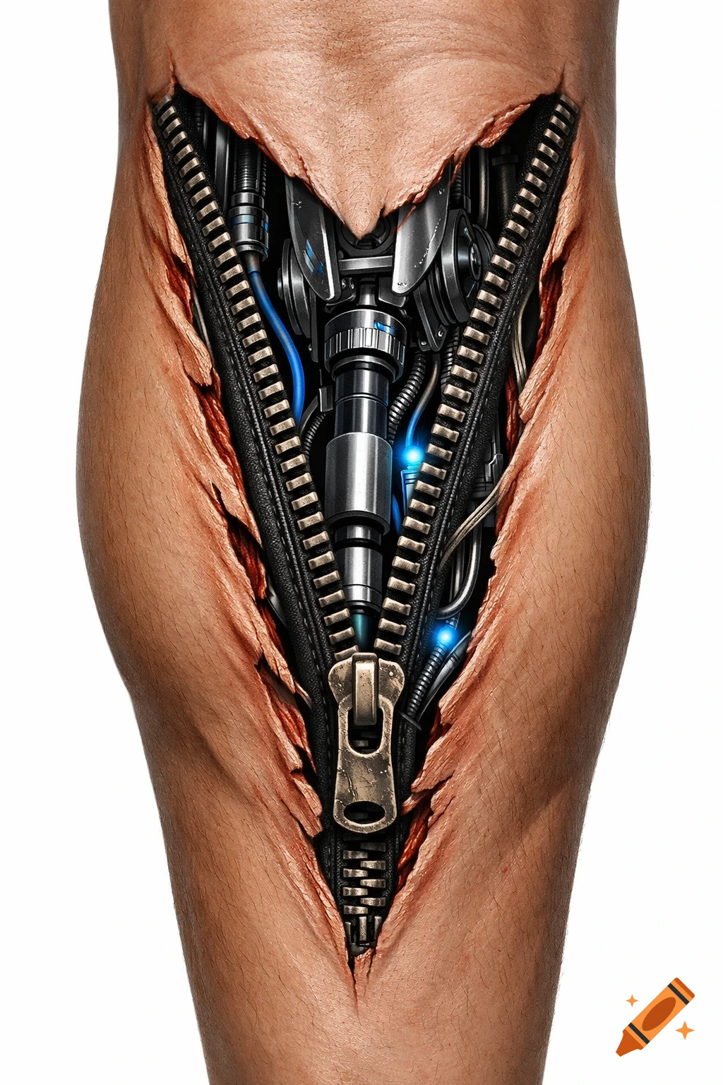 Photorealistic human leg unzipped to reveal intricate robotic machinery underneath, reminiscent of a Terminator.