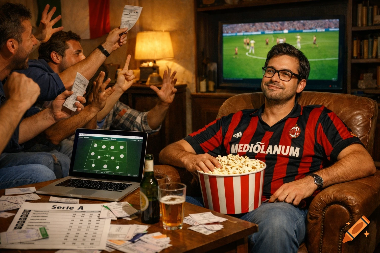 A man in an AC Milan jersey eating popcorn smiles ironically while his friends excitedly watch a soccer match on TV and check fantasy football lists.
