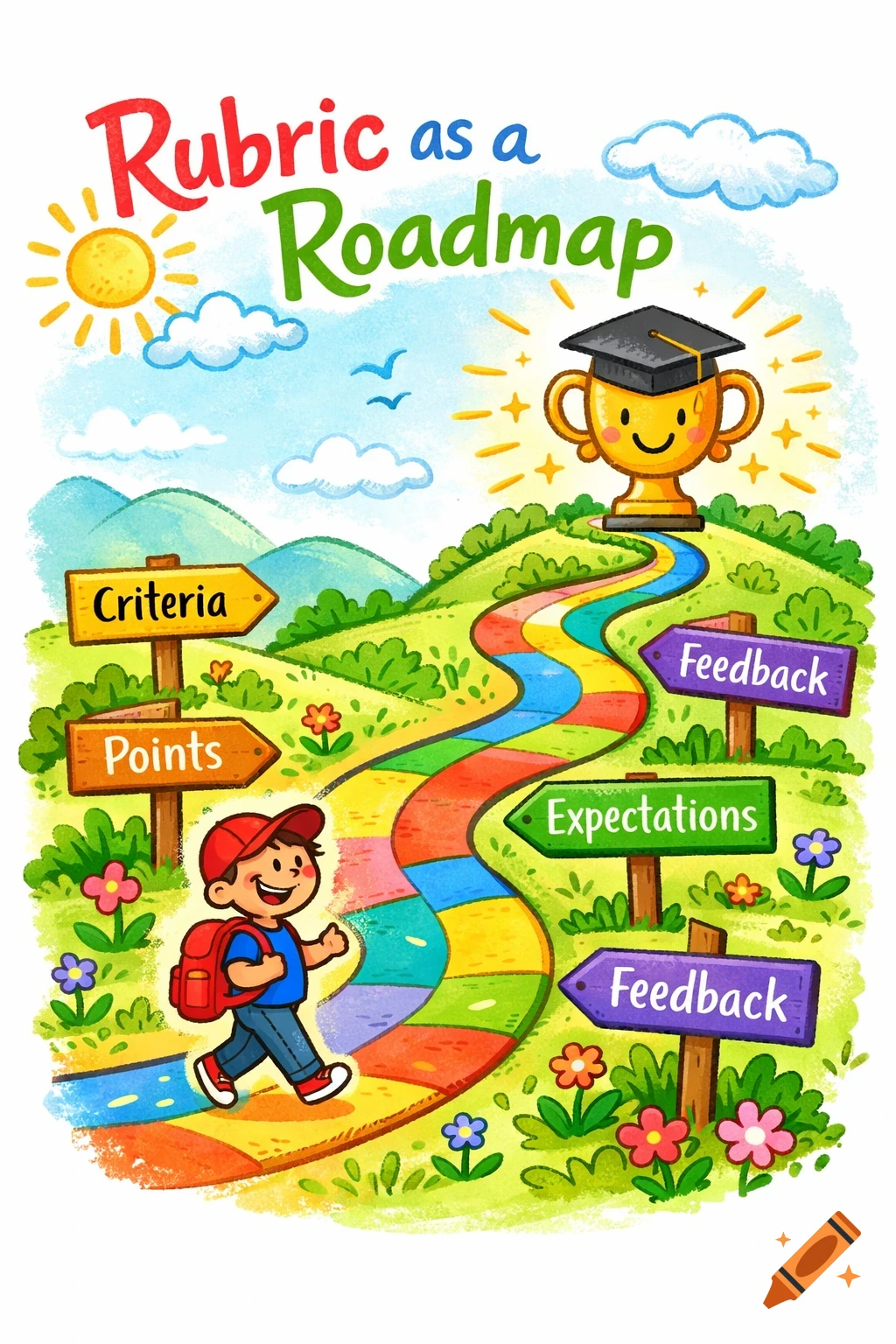 Whimsical cartoon of a student on a colorful 'Rubric as a Roadmap' path towards a trophy, with signposts for 'Criteria,' 'Points,' 'Expectations,' and 'Feedback'.