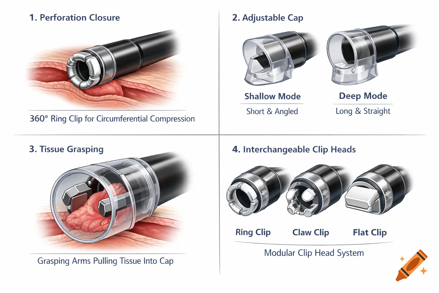 A four-panel medical illustration depicting an over-the-scope endoscopic clip system and its functions.