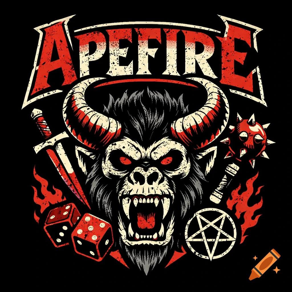 A distressed graphic of a horned ape-like demon head with glowing red eyes, surrounded by a sword, mace, dice, flames, and a pentagram, with "APEFIRE" text above.