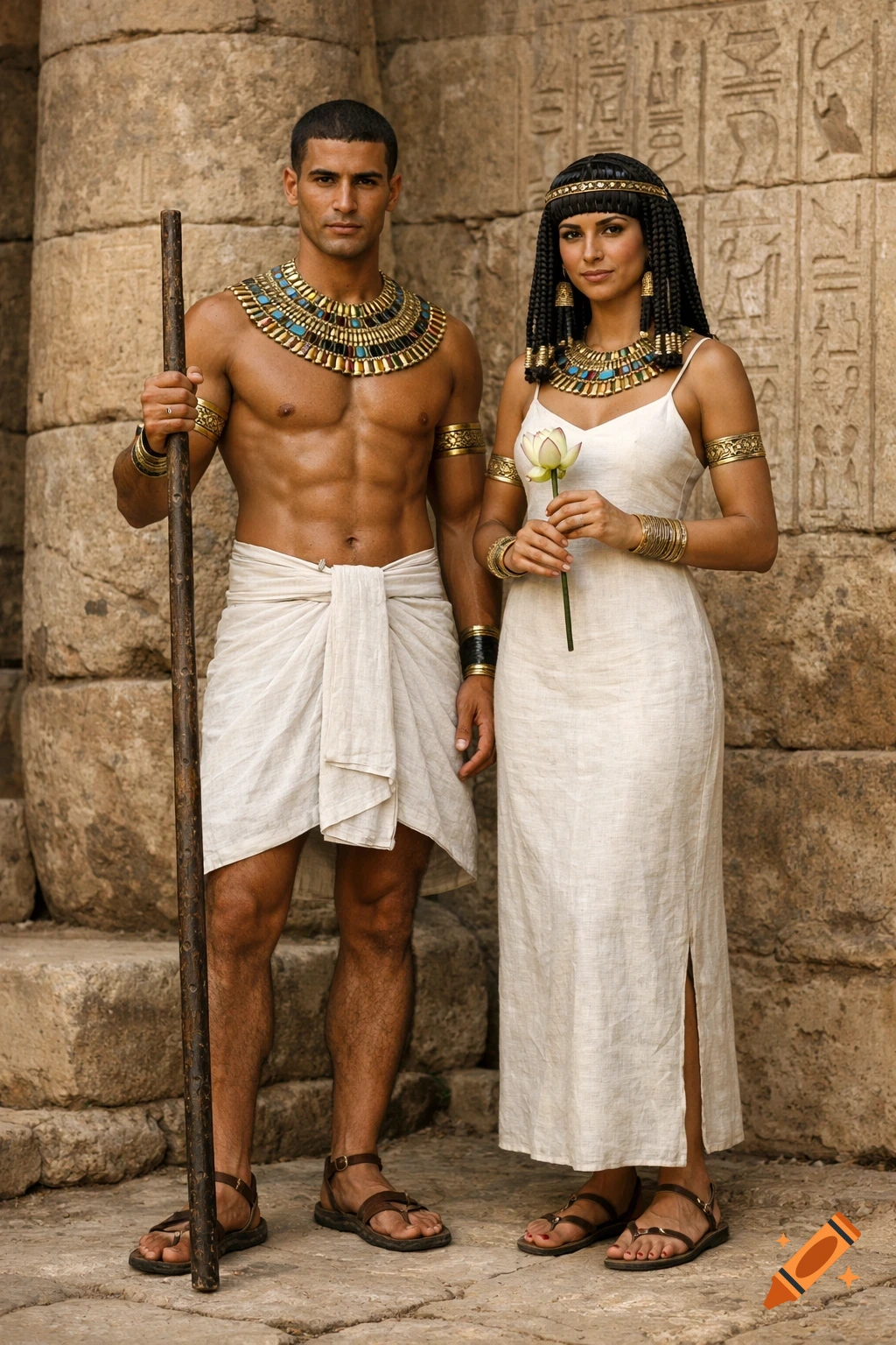 Two ancient Egyptian people, a man and a woman, standing side by side in traditional attire against a stone wall with hieroglyphs. Photorealistic style.