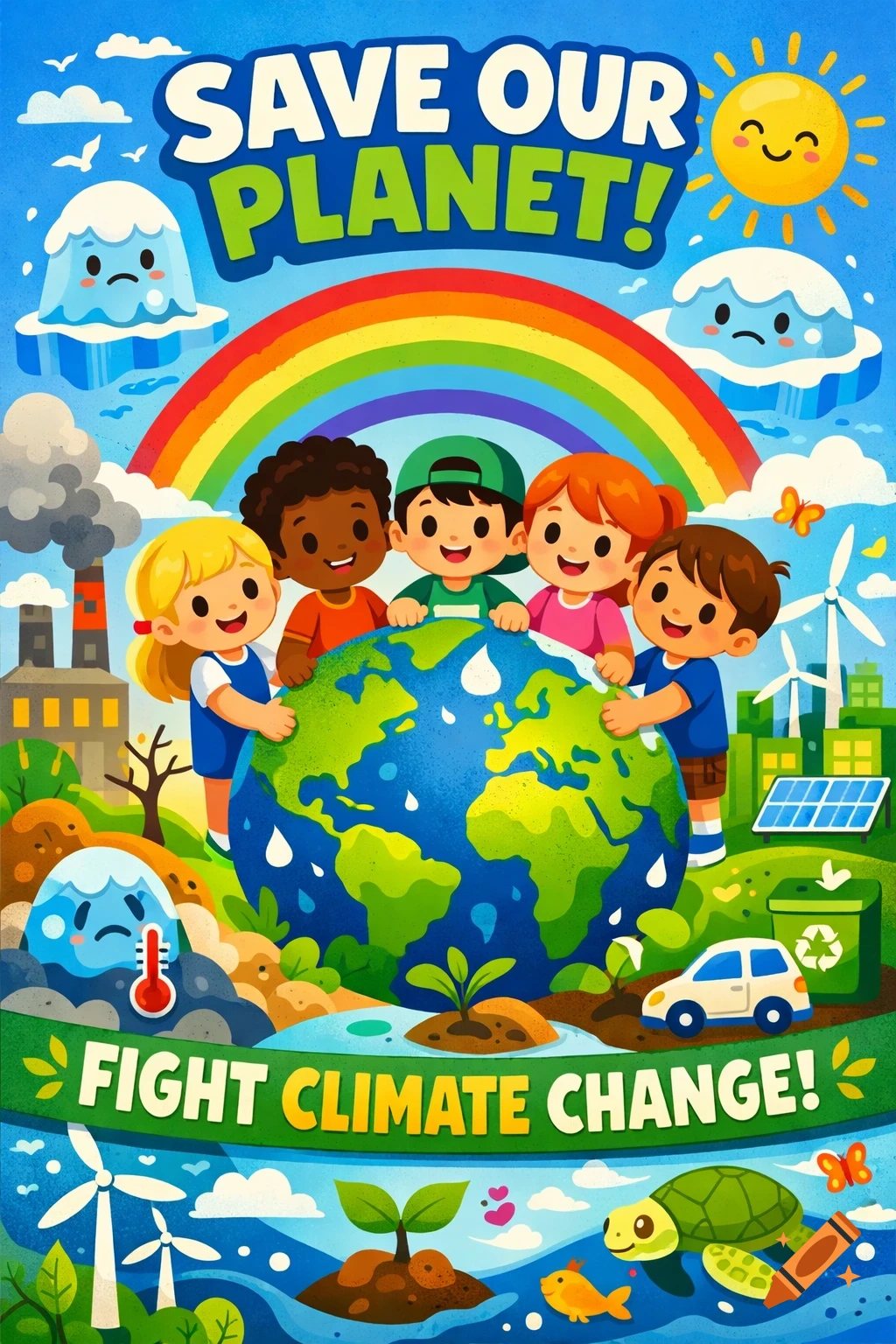 Bright cartoon poster with diverse children hugging the Earth, a rainbow, and environmental elements like wind turbines and factories. Text: 'SAVE OUR PLANET! FIGHT CLIMATE CHANGE!'