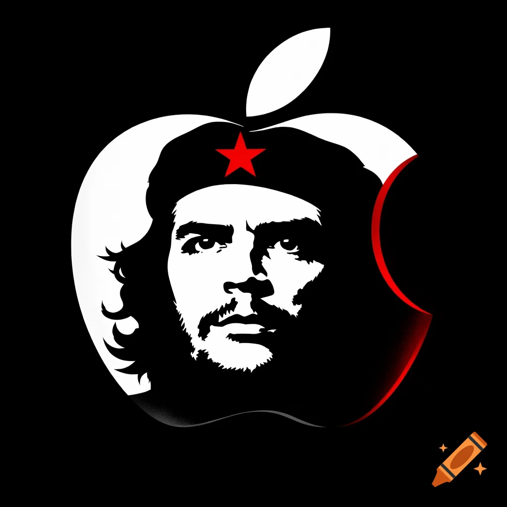 A black and white graphic combines Che Guevara's face inside the Apple logo, featuring a red star and a subtle red bite.