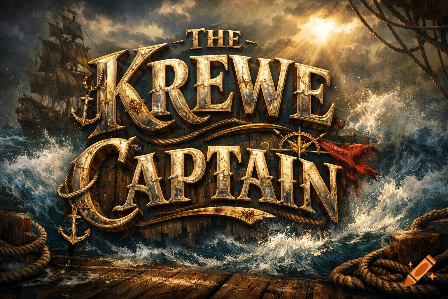 A buccaneer-themed 3D lettering image spelling 'THE KREWE CAPTAIN' with a pirate ship, stormy sea, and wooden planks.