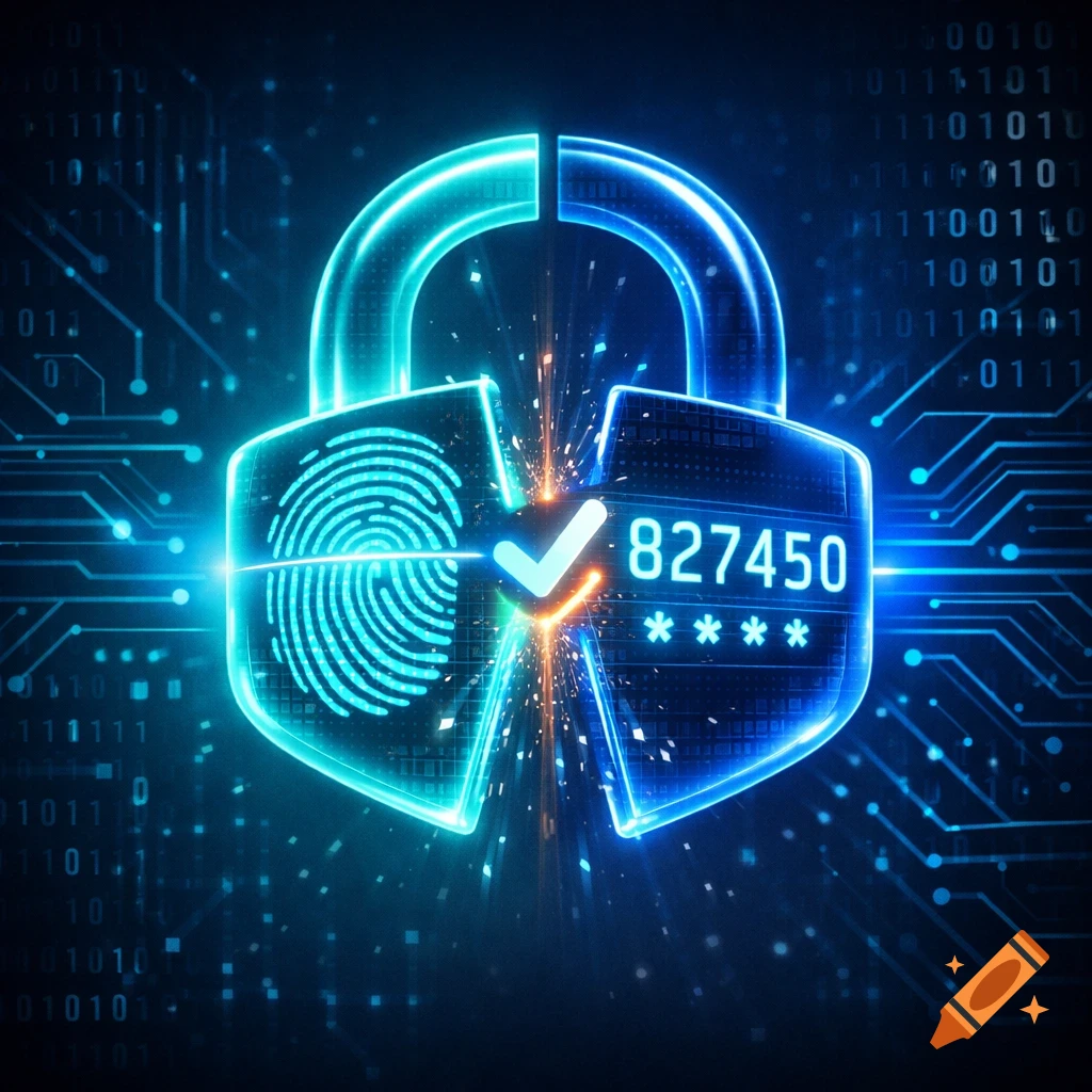 Glowing digital padlock with fingerprint, checkmark, and numbers on a circuit board background, representing security.