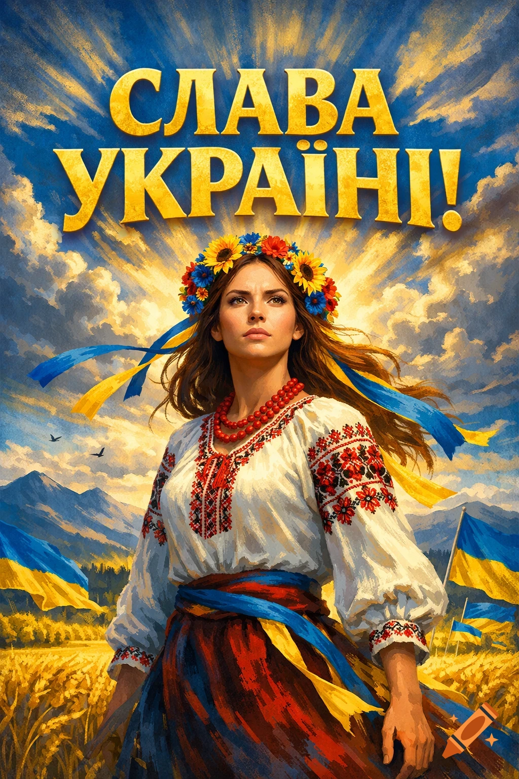 A woman in Ukrainian traditional dress and flower crown stands in a wheat field with flags, 'Glory to Ukraine!' text above, in a painterly style.