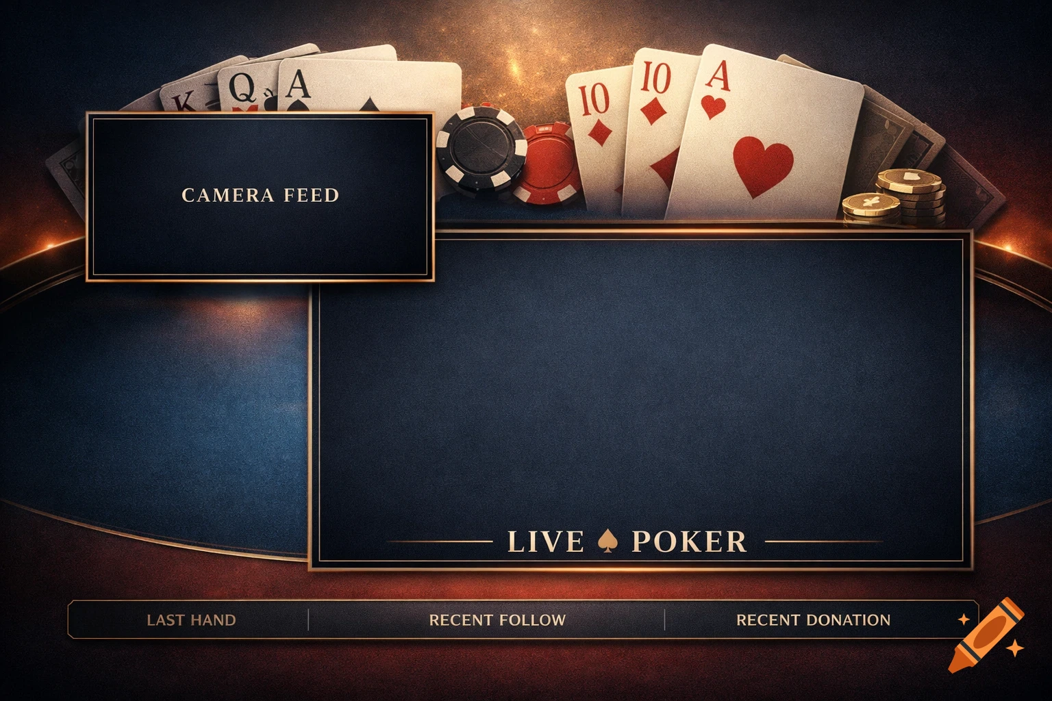 A dark blue and gold poker stream overlay with playing cards, chips, and text labels for camera feed, live poker, last hand, recent follow, and recent donation.