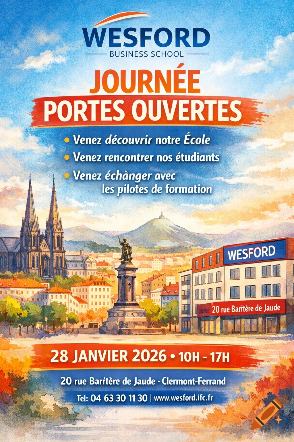 A vibrant poster for Wesford Business School's open day, featuring a watercolor-style cityscape of Clermont-Ferrand with a cathedral and modern buildings, and clear event details.
