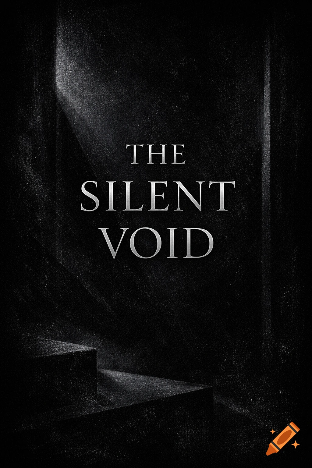Silver text 'THE SILENT VOID' against a textured black background with subtle geometric forms and chiaroscuro lighting.