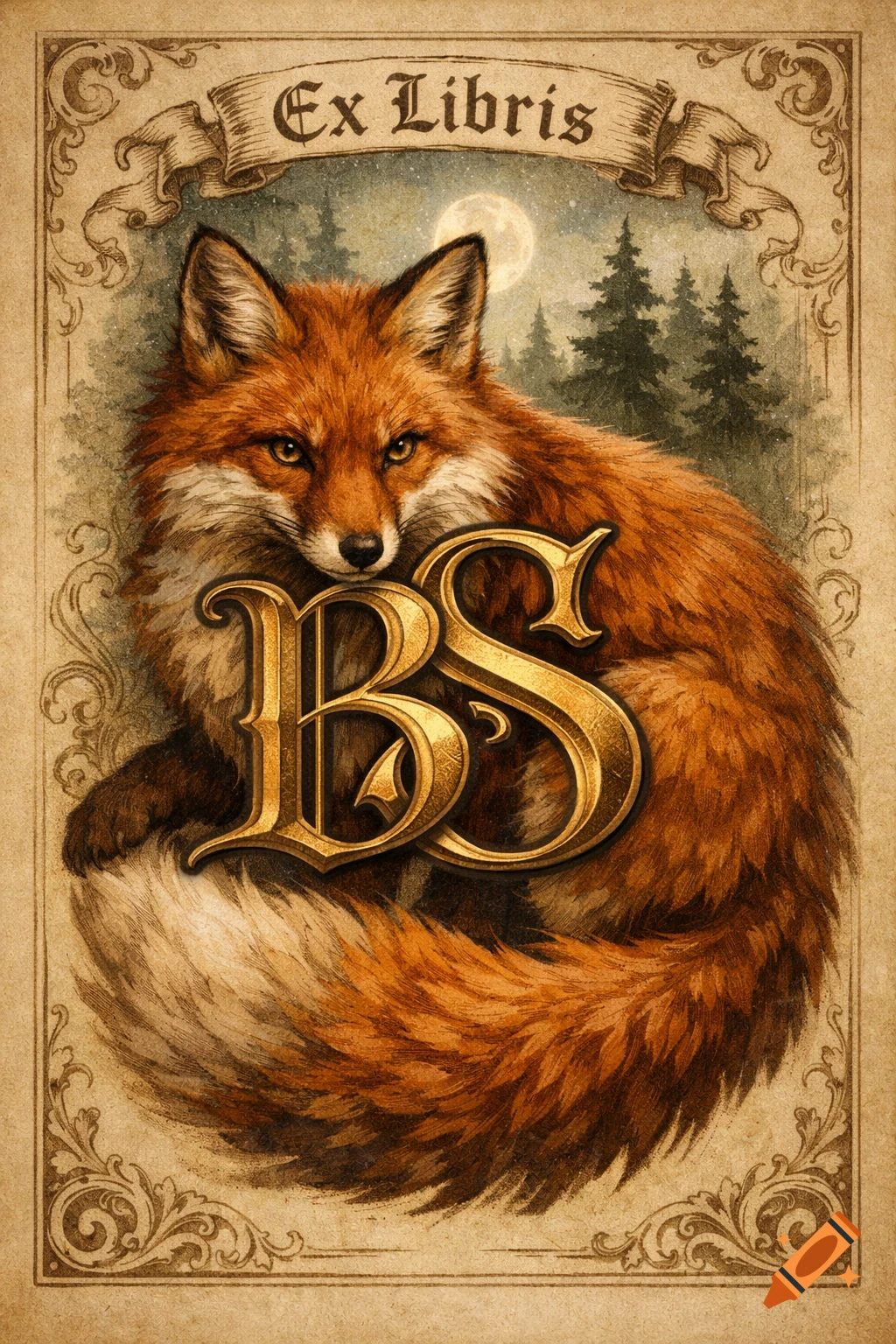 Vintage-style ex-libris design featuring a red fox with prominent golden initials 'BS' and 'Ex Libris' text on a banner, set against a moonlit forest.