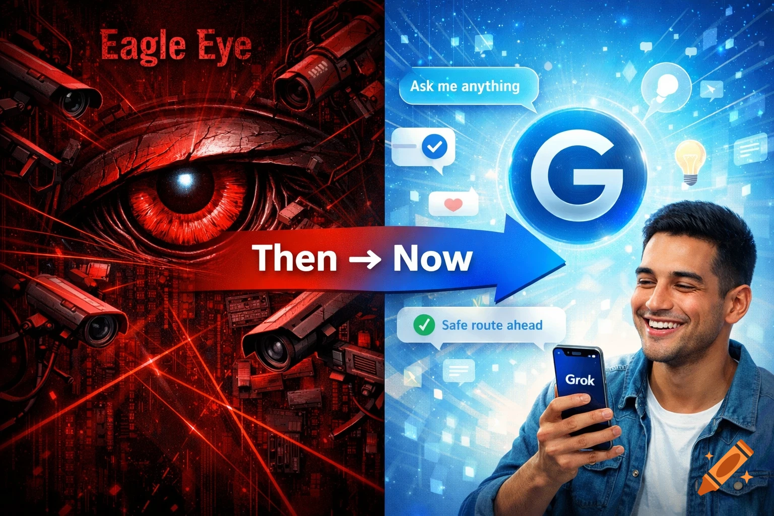 A split image showing a tense red eye with surveillance cameras on the left, and a smiling man holding a phone with bright blue chat bubbles and a 'G' logo on the right, connected by a 'Then to Now' arrow.