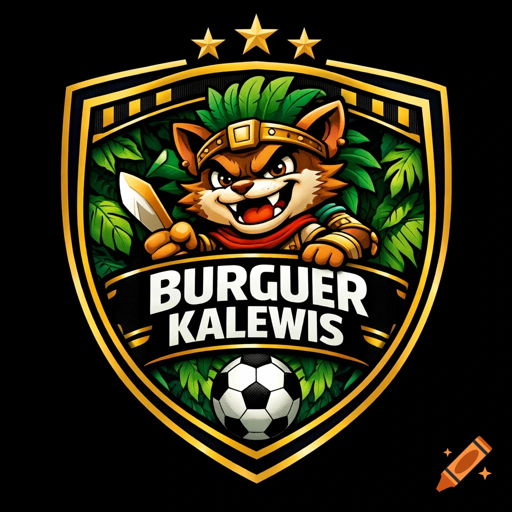 A stylized soccer team logo featuring a fierce cartoon jungle cat mascot, a soccer ball, and the text "BURGUER KALEWIS".