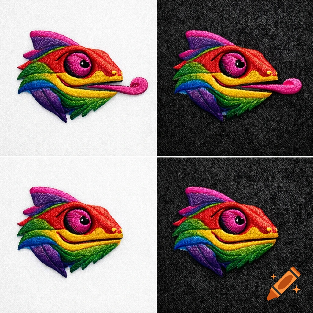 A 2x2 grid showing four embroidered patches of rainbow-colored chameleon heads, some with tongues out, on white and black backgrounds.