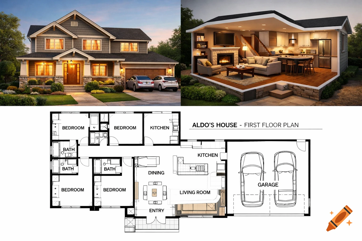 A collage showing the exterior of a two-story house, a cross-section of its modern interior, and a detailed first-floor blueprint with room labels.