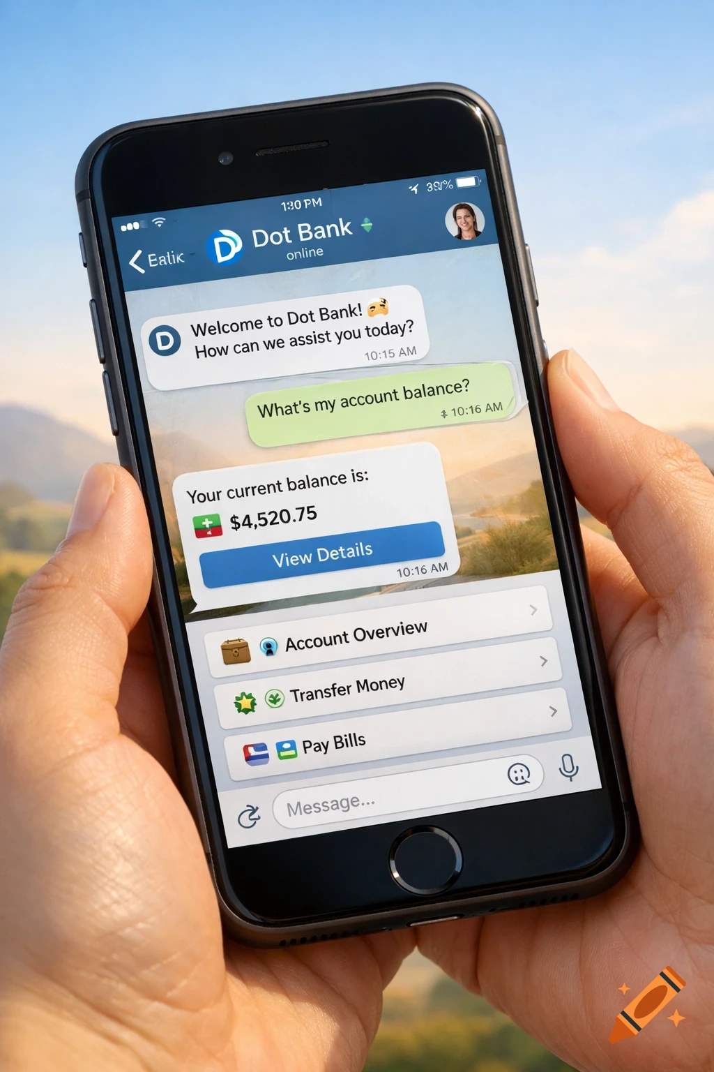 Hands hold an iPhone displaying a Dot Bank chat interface with banking transactions and options against a bright sky background.