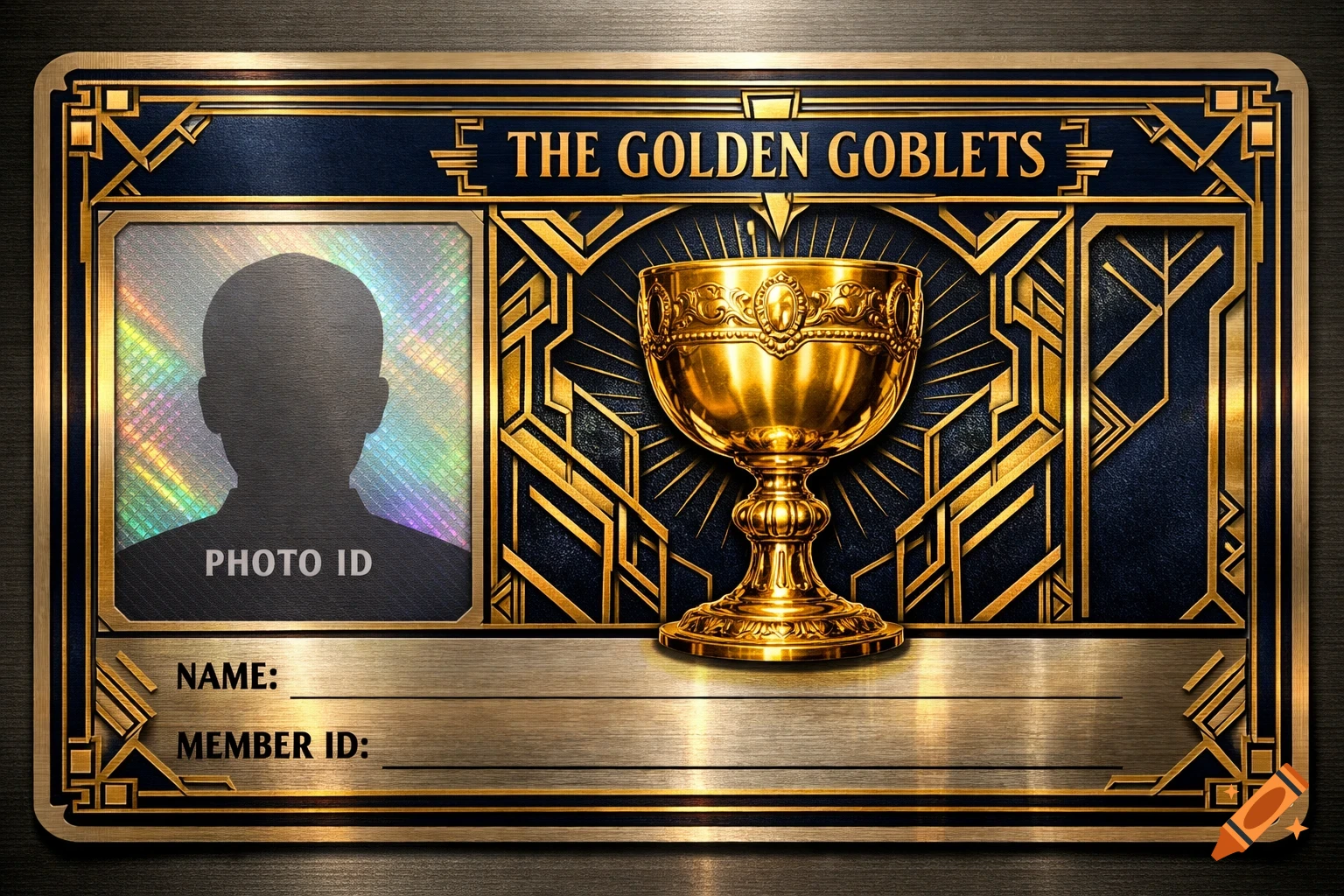 An ornate Art Deco style ID card in gold and dark blue, featuring a golden goblet, a holographic photo ID placeholder, and text for 'THE GOLDEN GOBLETS', 'PHOTO ID', 'NAME:', and 'MEMBER ID:'.