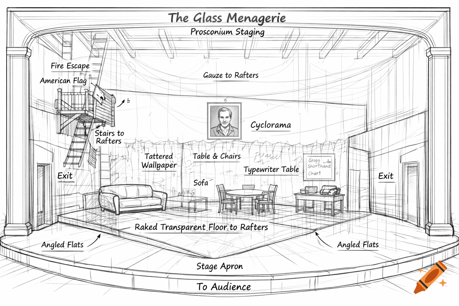 A detailed 3D line sketch of a proscenium stage set design for 'The Glass Menagerie,' labeled with elements like a fire escape, tattered wallpaper, and various furniture.