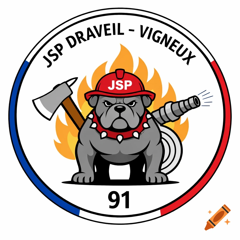 A round logo featuring a cartoon bulldog in a red firefighter helmet, an axe, a hose, and flames, with text "JSP DRAVEIL - VIGNEUX" and "91" on a white background with a blue, white, and red border.